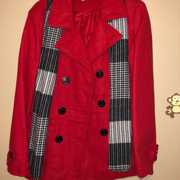 Red Peacoat with Black and White Scarf - Picture 2 of 4